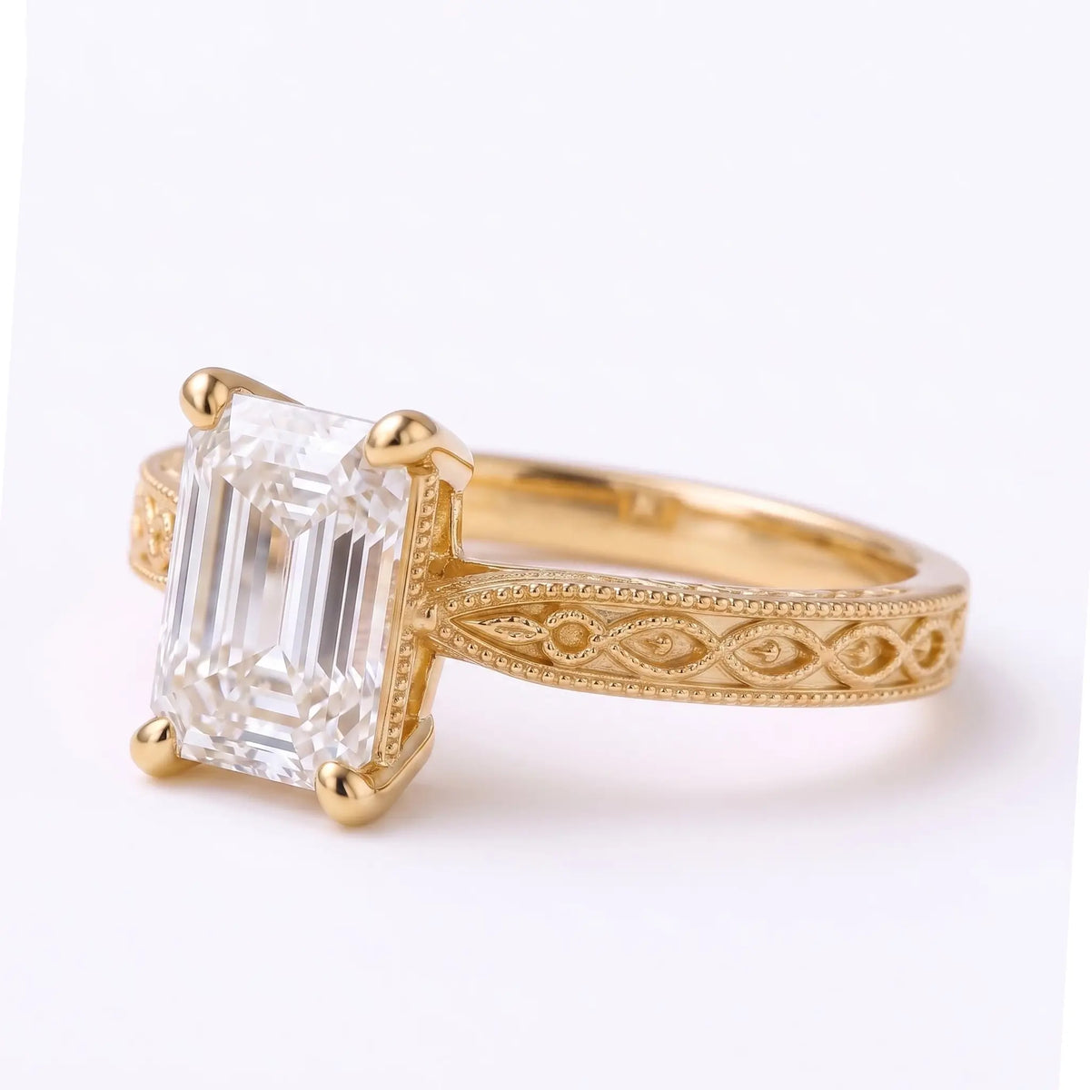 Side profile of four-prong emerald-cut diamond solitaire ring