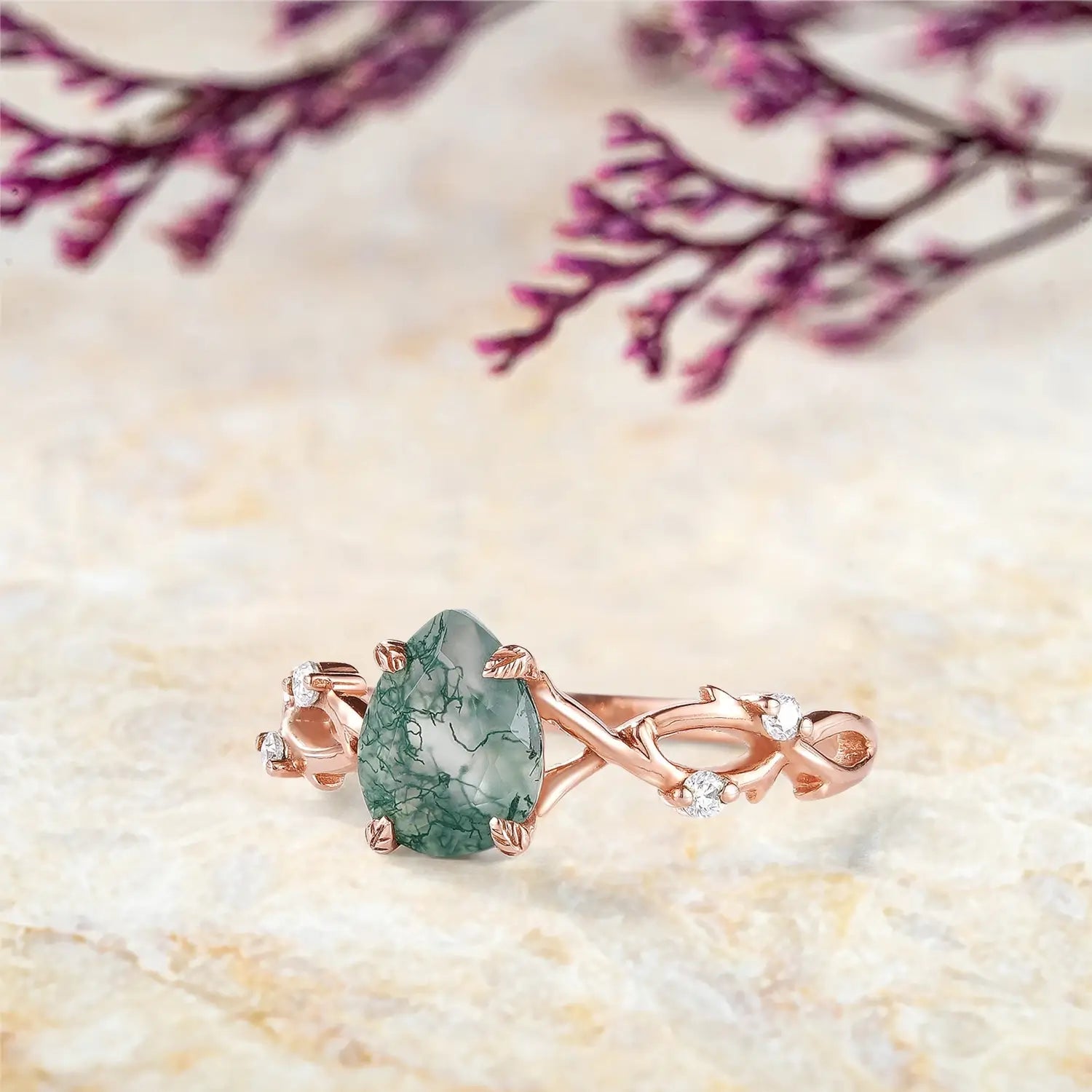 Pear Cut Moss Agate Vine Leaf Engagement Ring Custom womens promise art deco ring