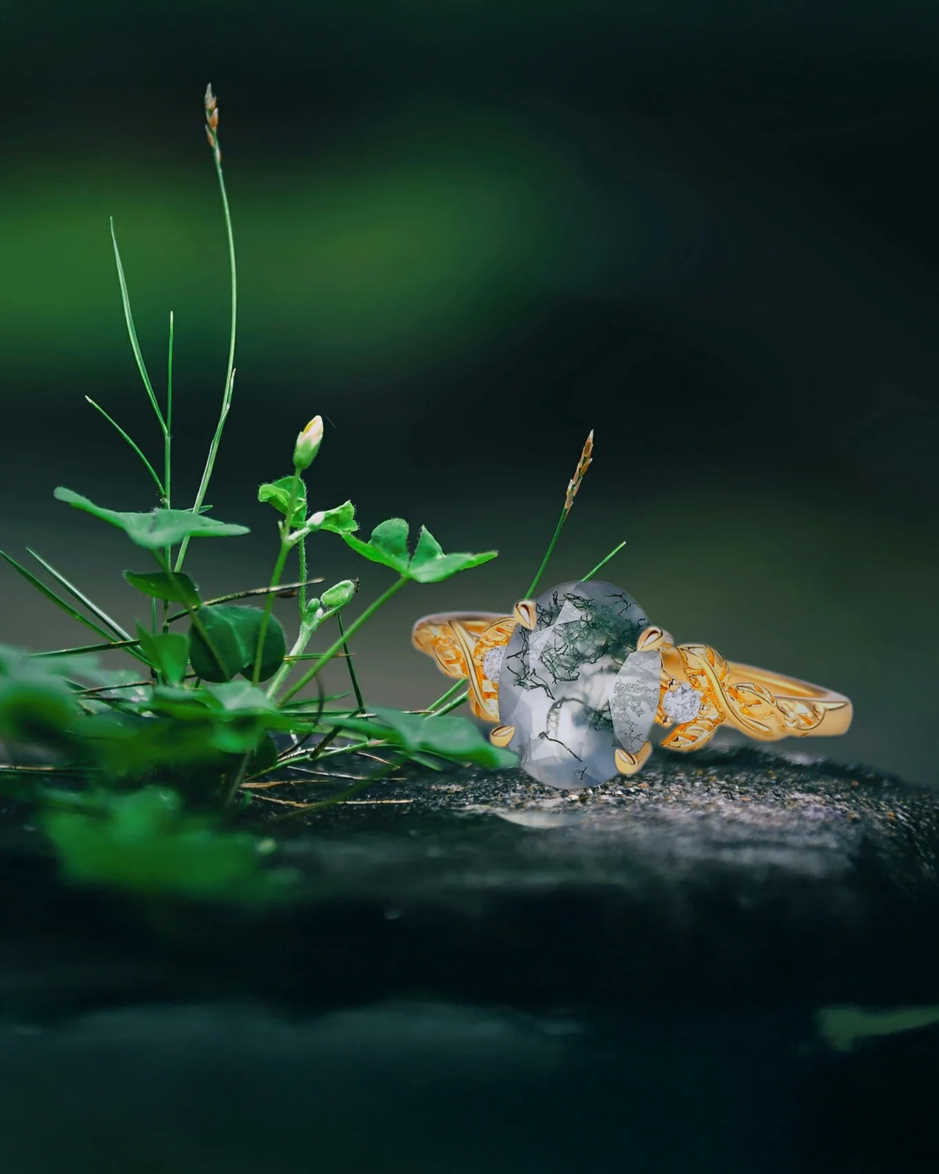 nature inspired moss agate engagement ring