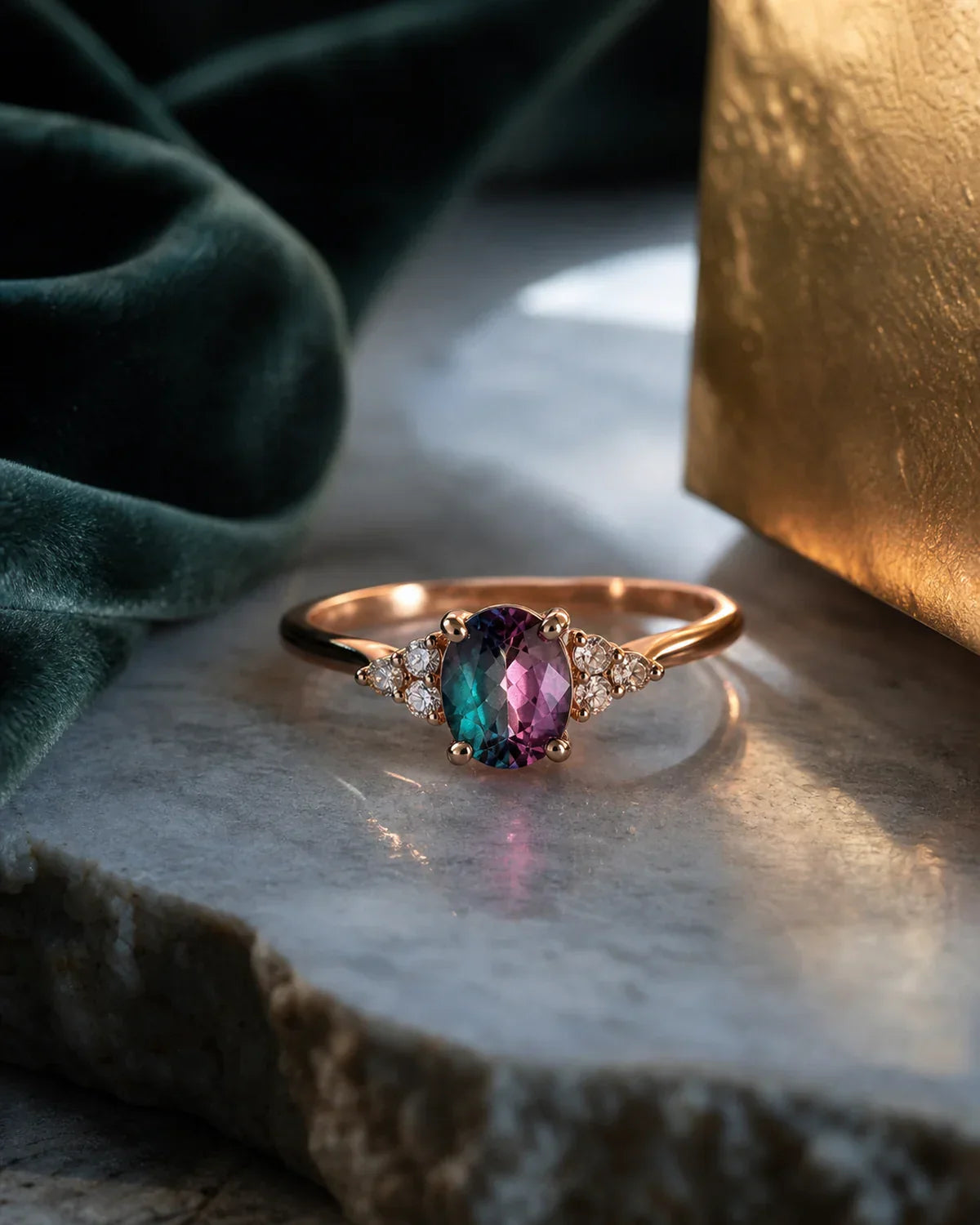 Alexandrite ring showing teal and violet color change on stone and velvet