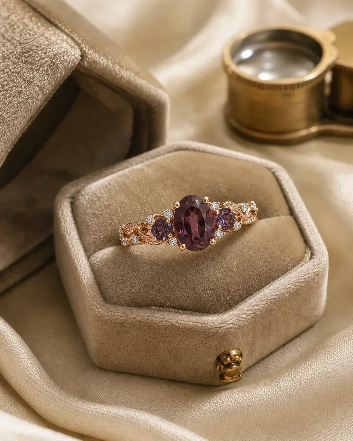 Vintage three-stone engagement ring in velvet box with antique loupe