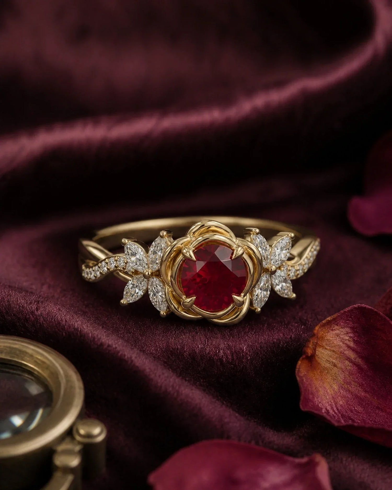 Ruby floral cluster engagement ring photographed on dark plum velvet with antique brass details