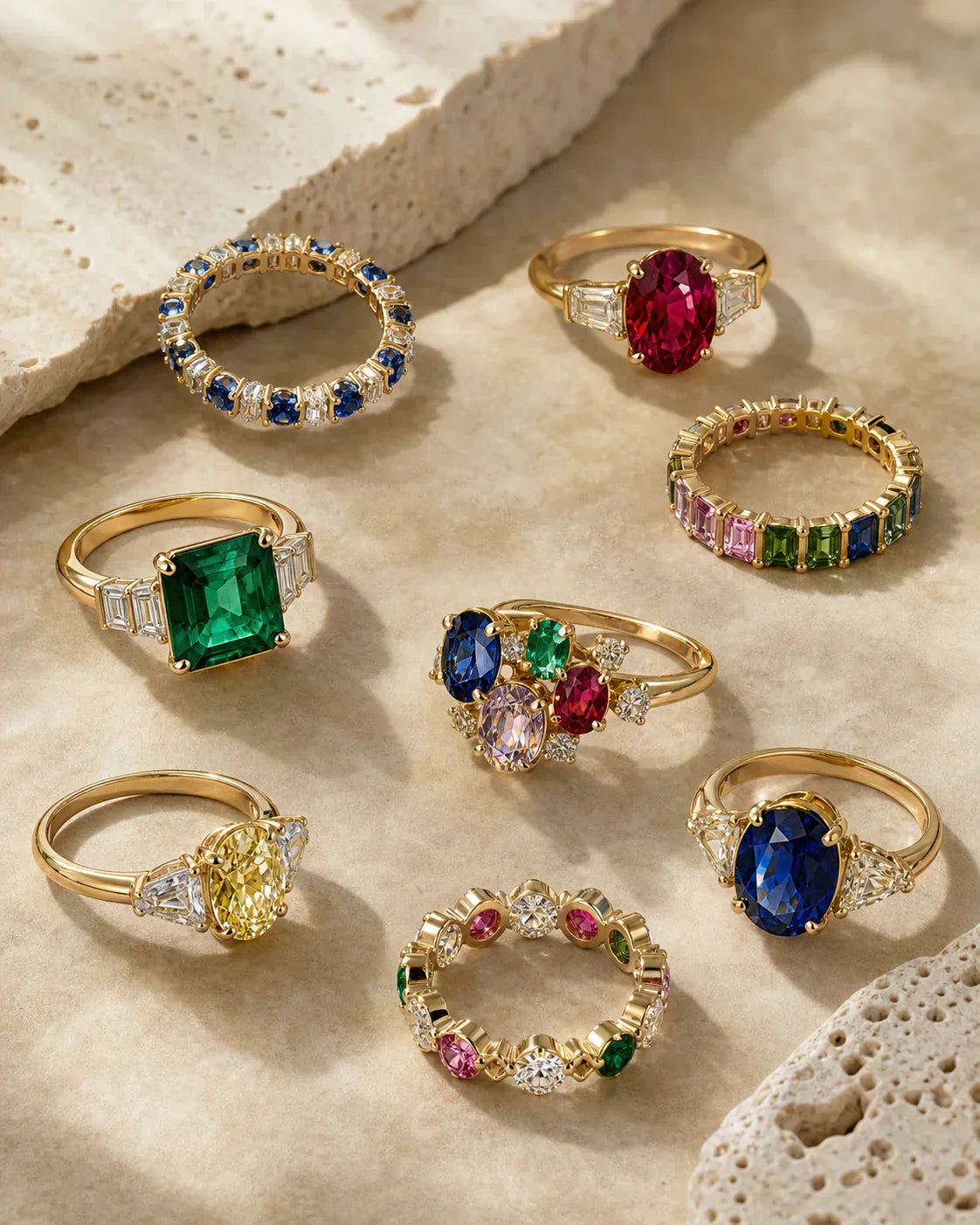 Colorful gemstone rings with sapphire emerald ruby yellow diamond and mixed gemstones