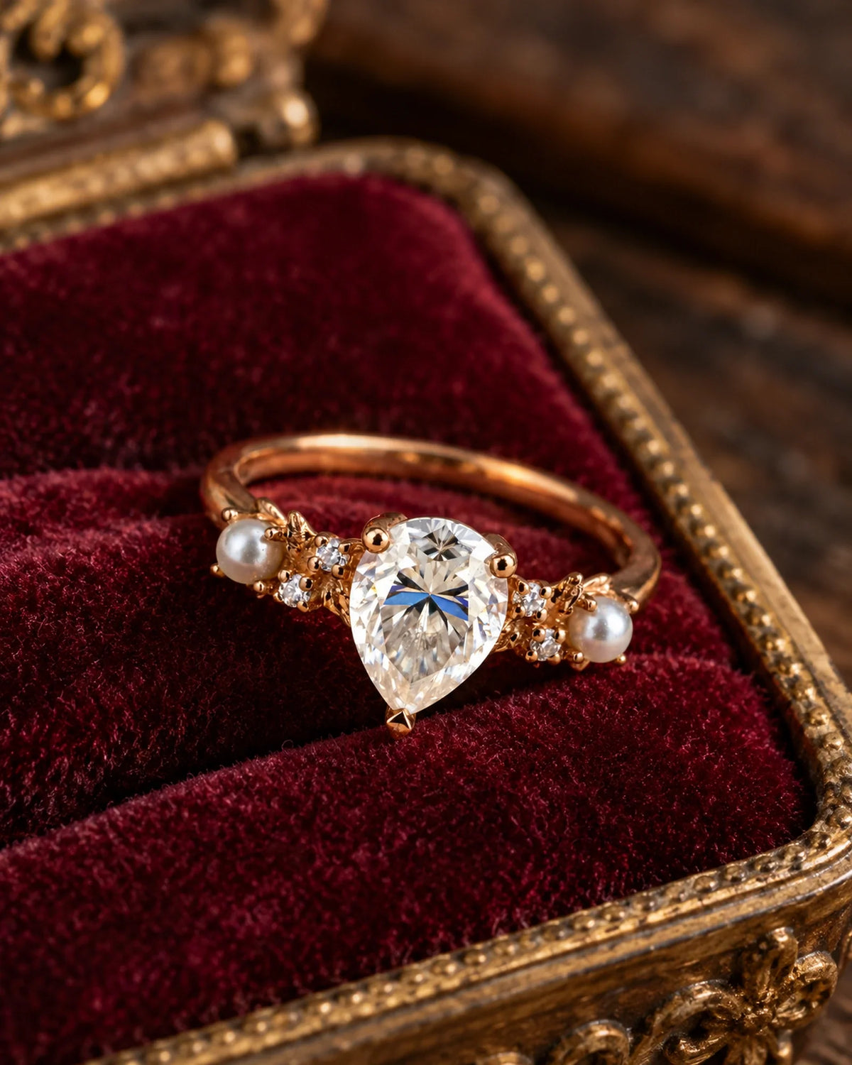 Edenia pear moissanite ring with small pearl shoulder accents resting diagonally on burgundy velvet inside an antique gilt tray