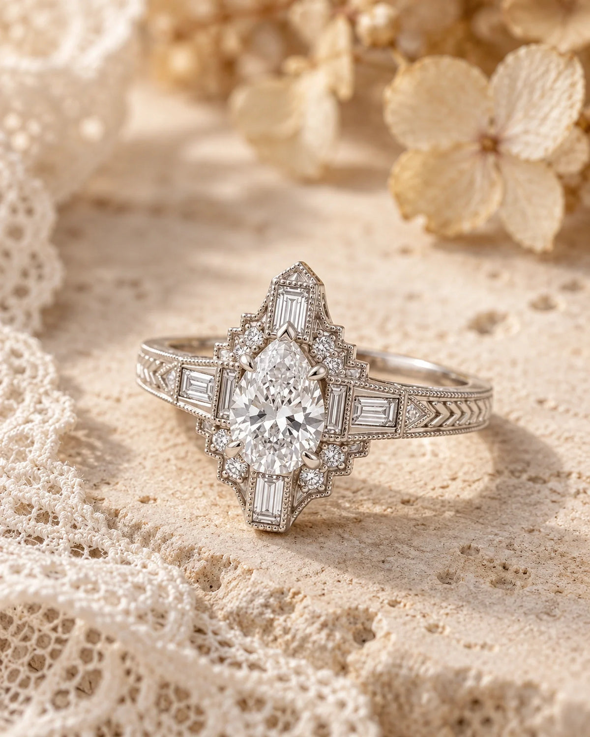 Elowen pear moissanite Art Deco ring in white metal on pale antique stone beside ivory lace and dried hydrangea