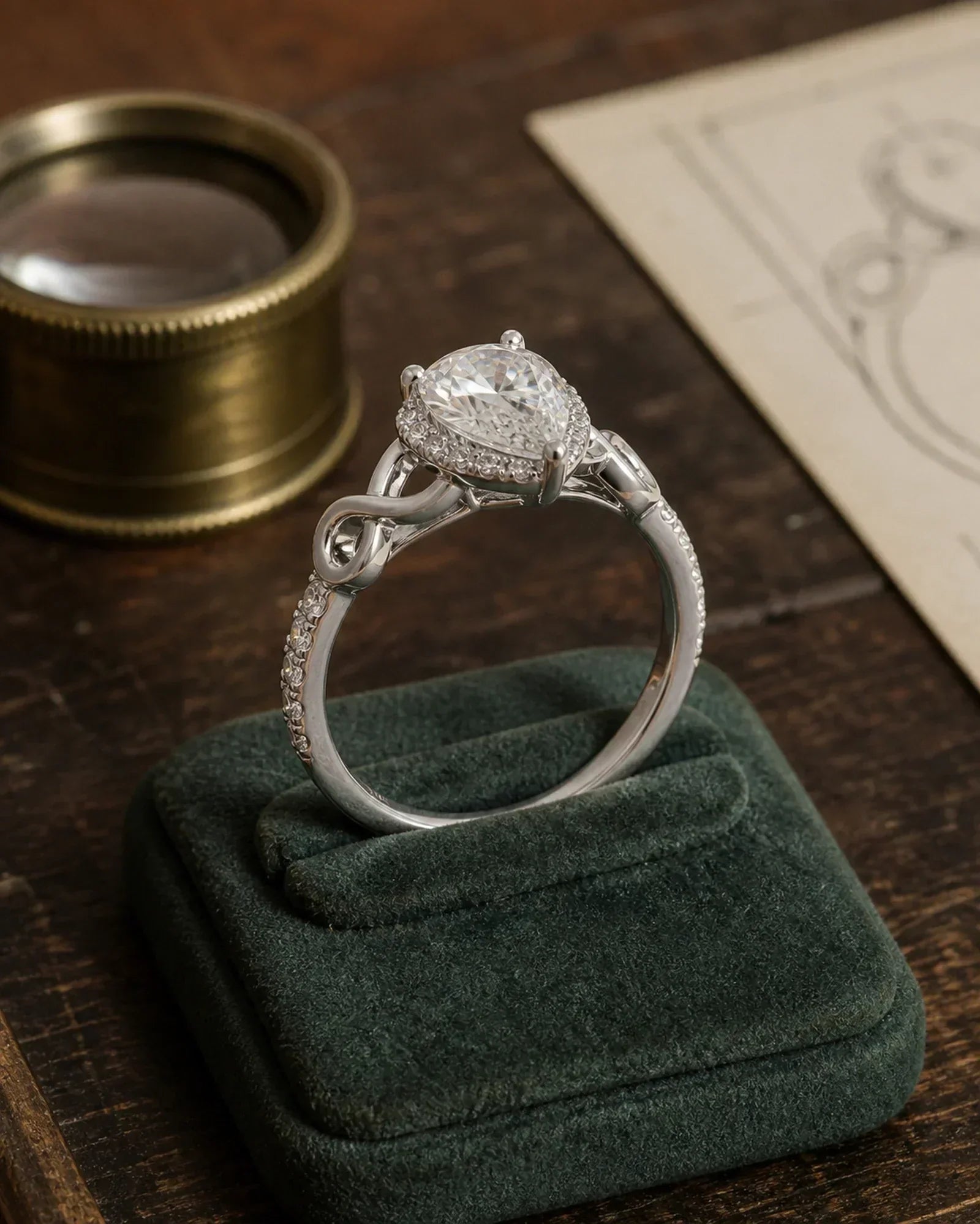 Pear moissanite engagement ring photographed from the side at a dark walnut jeweler's bench