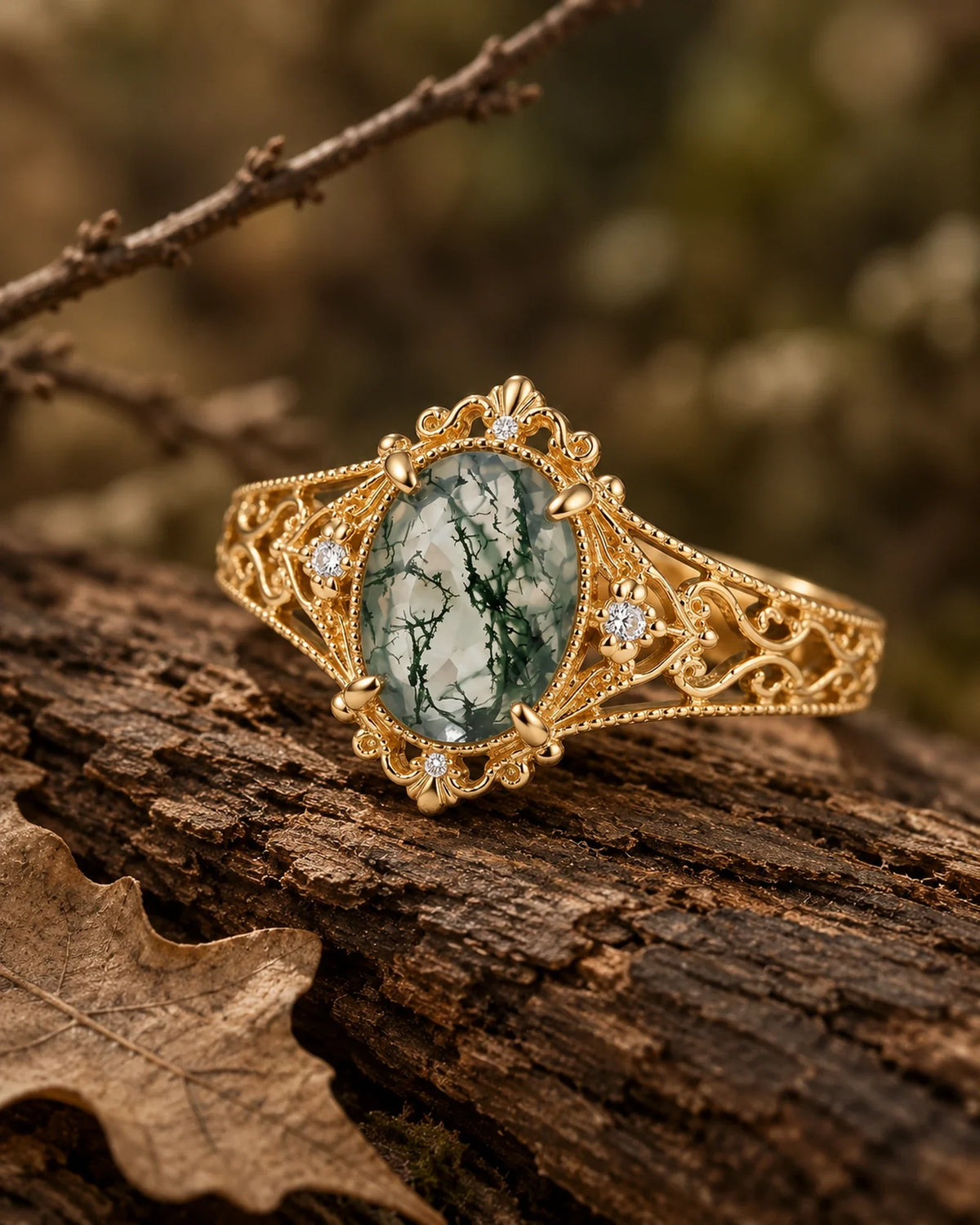 Evelisse oval moss agate ring with delicate gold scrollwork and four small white accents resting diagonally on bark beside a dry leaf and twig