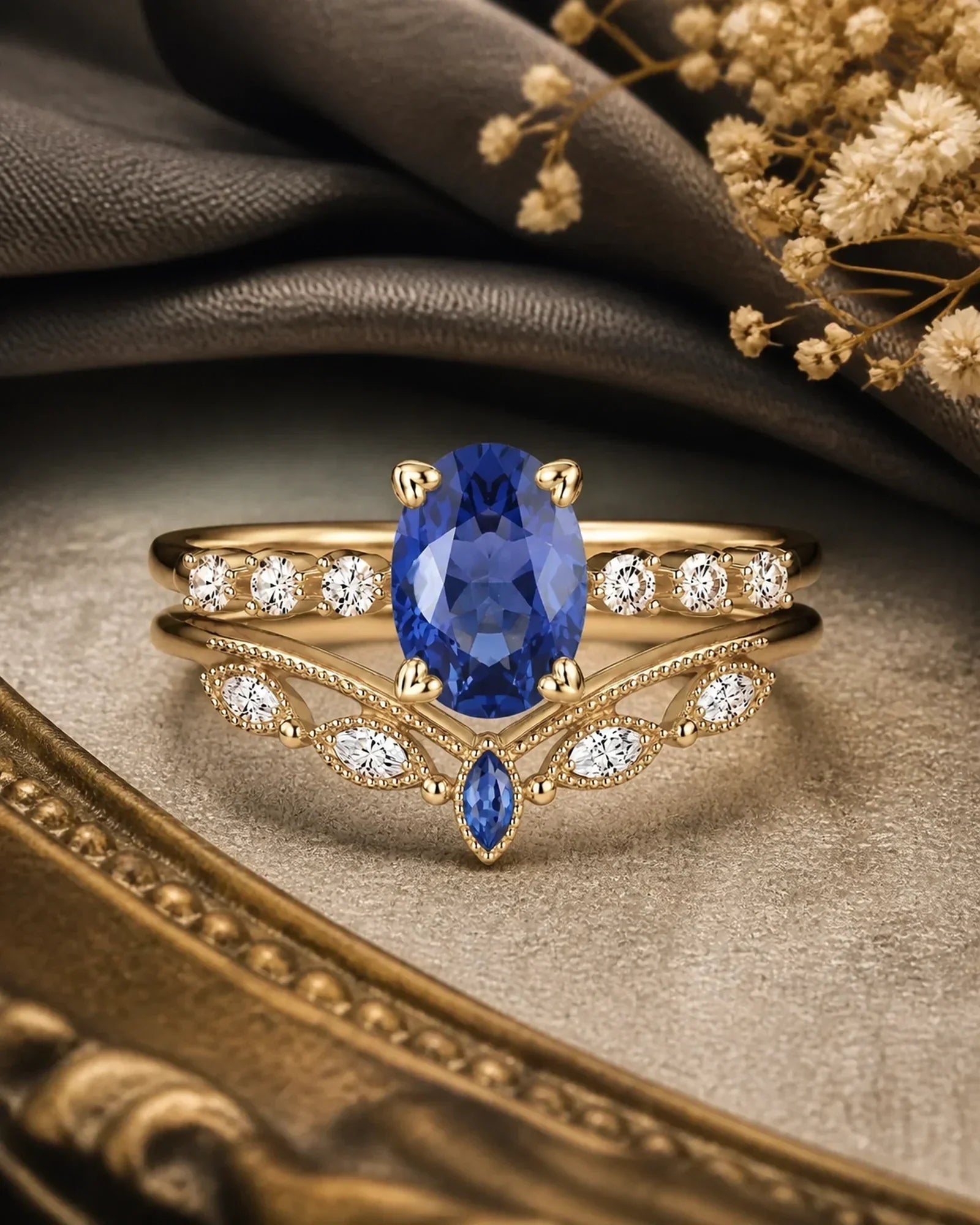 Oval blue sapphire engagement ring with a fitted marquise chevron wedding band on dark silk