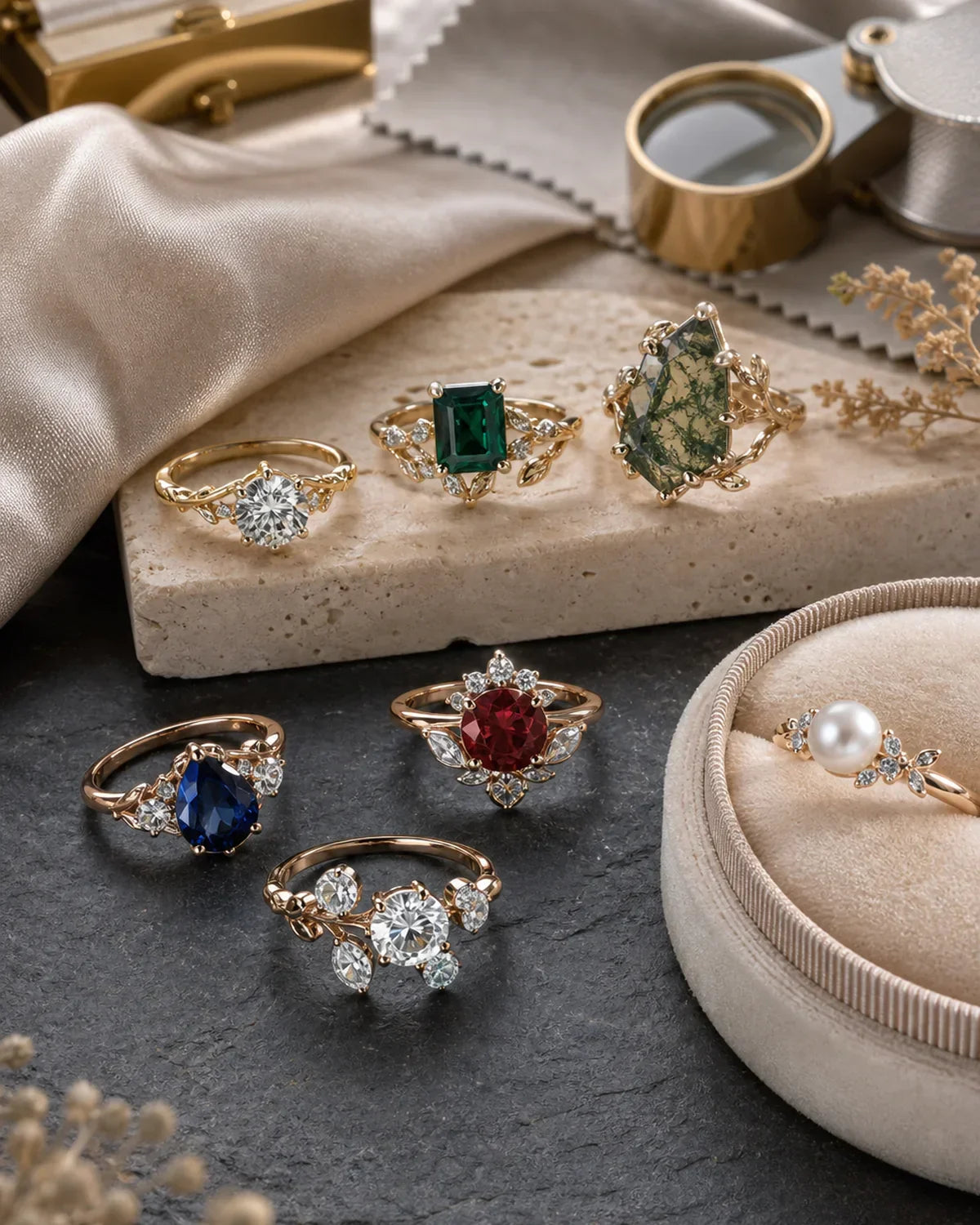 Gemstone durability guide with diamond sapphire ruby emerald moss agate opal and pearl rings