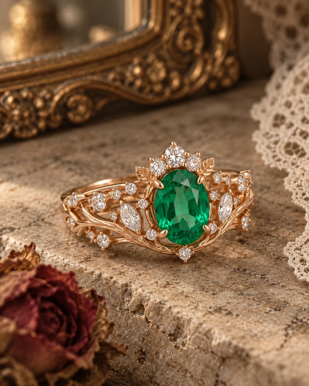 Sylvara rose gold woodland ring with an oval green lab emerald and botanical accents on aged stone beside ivory lace and a dried rose