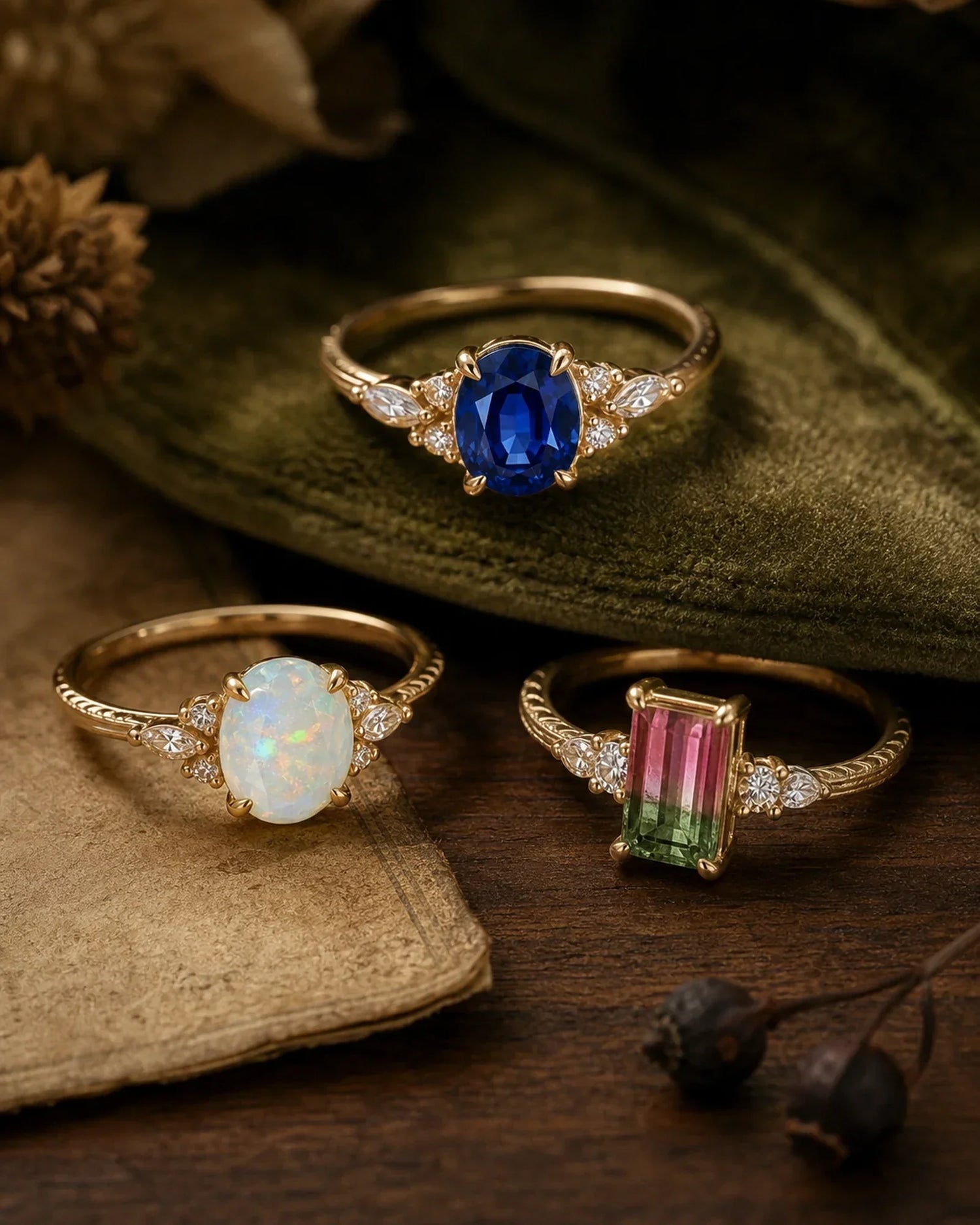 Sapphire opal and tourmaline rings in a refined late summer and fall still life
