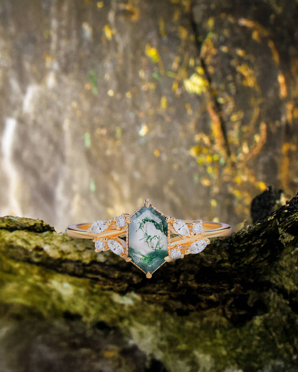 orleone custom moss agate ring with leaf ring design