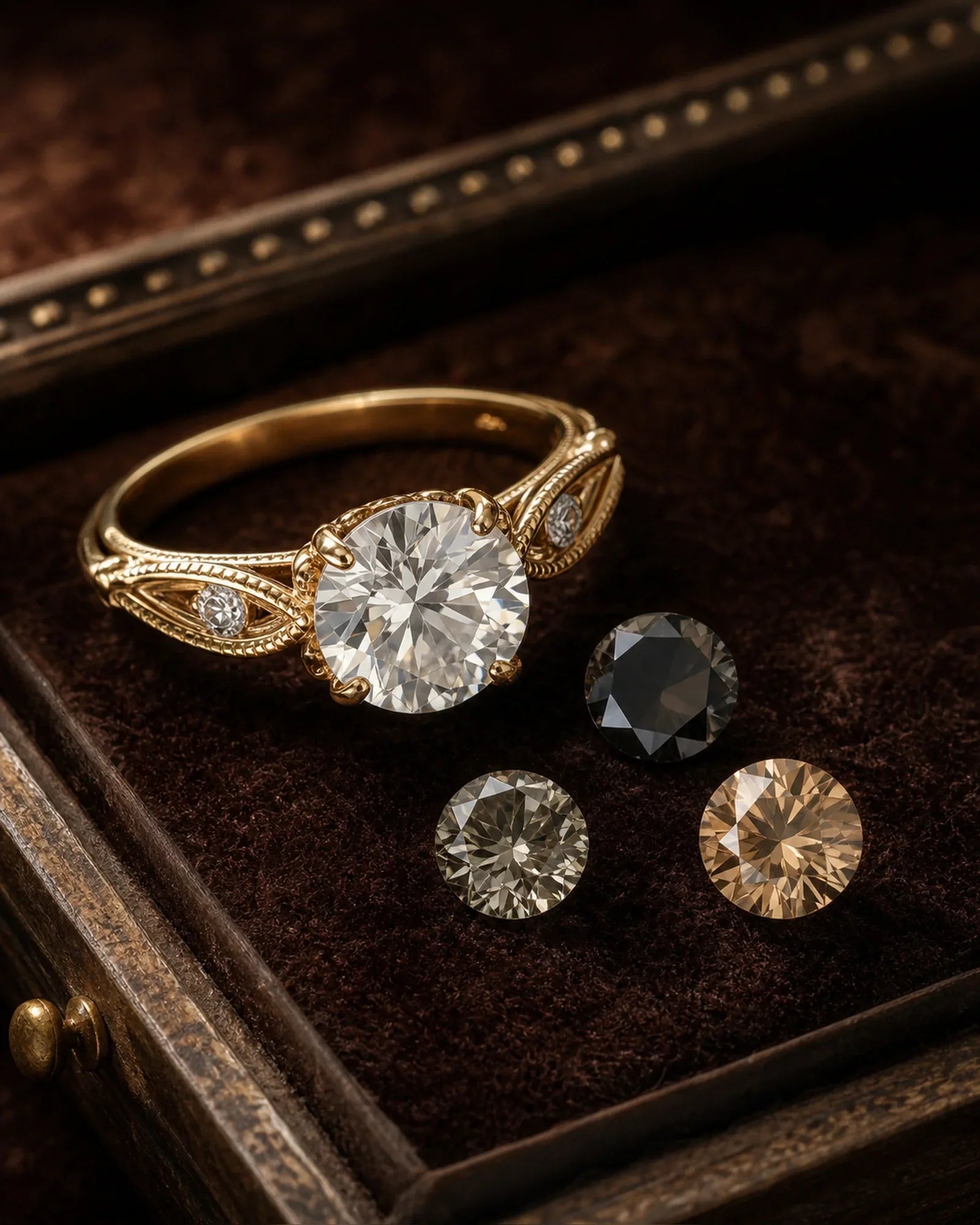 Moissanite colors cover with white grey black champagne blue and green stones on dark jewelry background