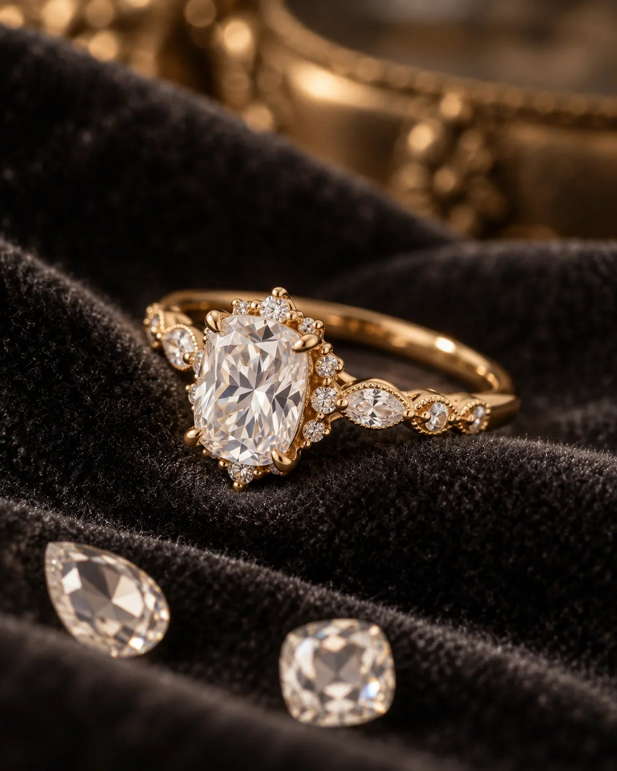 Vintage gold moissanite engagement ring angled on black velvet with loose rose and old mine-inspired cut stones