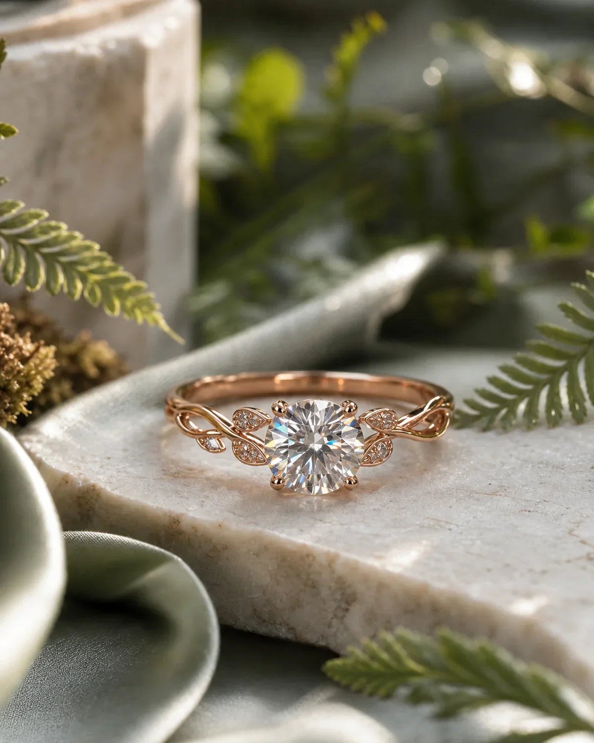 Nature inspired moissanite ring with leaf details on moss and stone