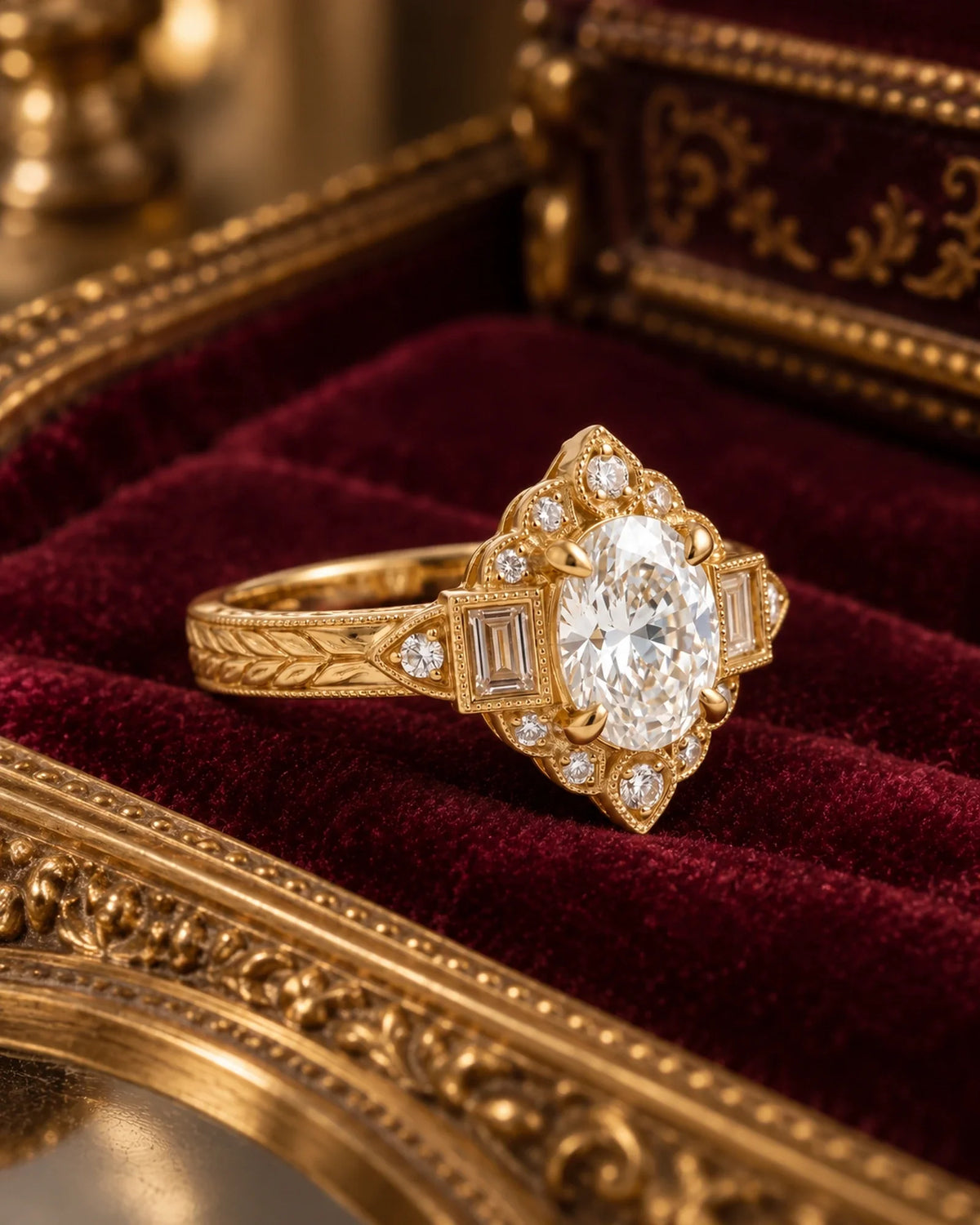 Aureline oval moissanite Art Deco halo ring with engraved gold shoulders on burgundy velvet in an antique gilt tray