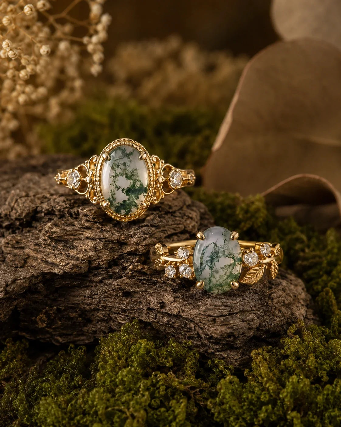 How to Choose a Moss Agate Engagement Ring Style: Leaf, Botanical, Vintage, Halo, Cluster and More