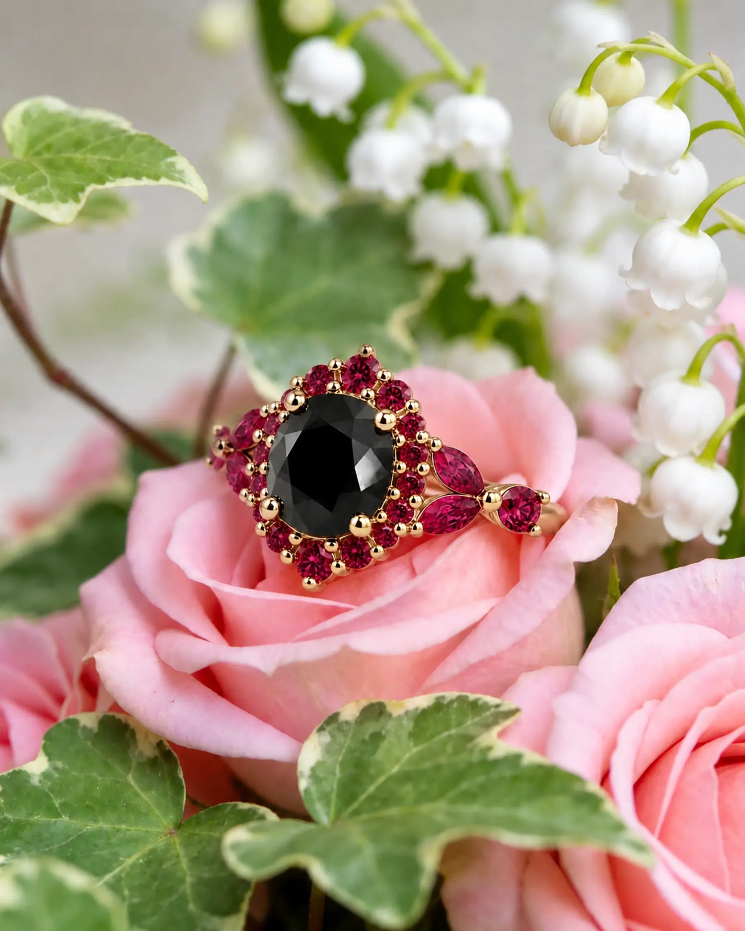 flora halo engagement ring round cut black moissanite gold rings