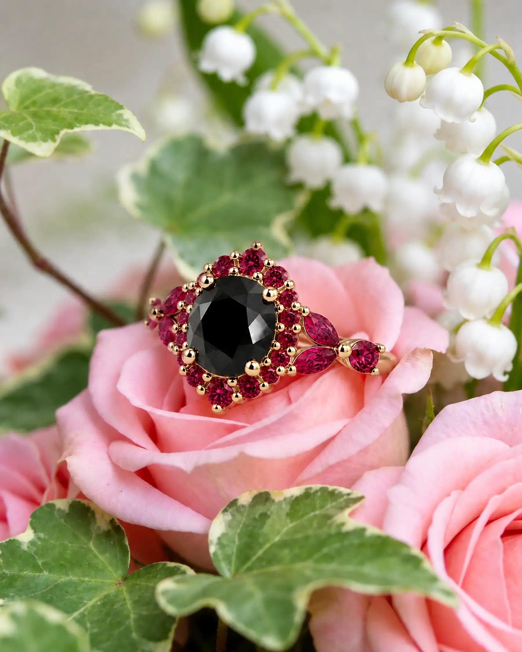 flora halo engagement ring round cut black moissanite gold rings
