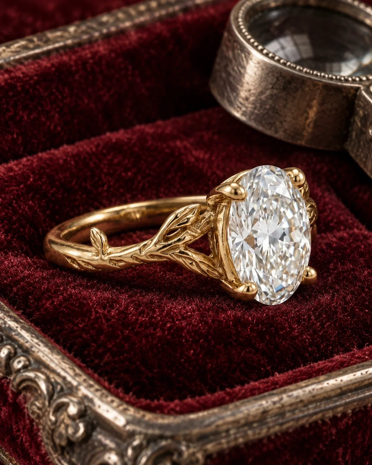 Oval moissanite leaf engagement ring resting at an angle on burgundy velvet in an antique silver tray with its four gold prongs visible