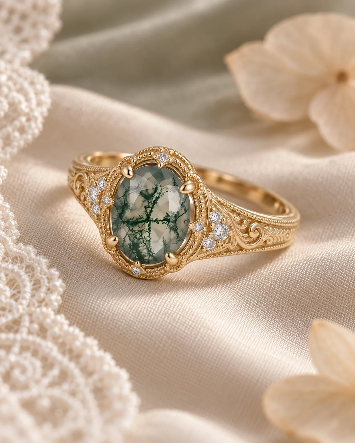 Velmora oval moss agate cluster ring with gold scroll shoulders resting diagonally on champagne fabric beside lace and pale dried petals