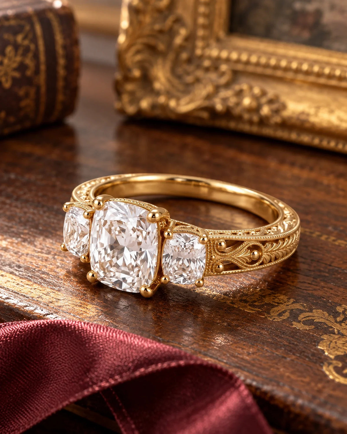 Veloria cushion-center three-stone gold filigree ring resting diagonally on antique wood beside a burgundy ribbon and gilt frame