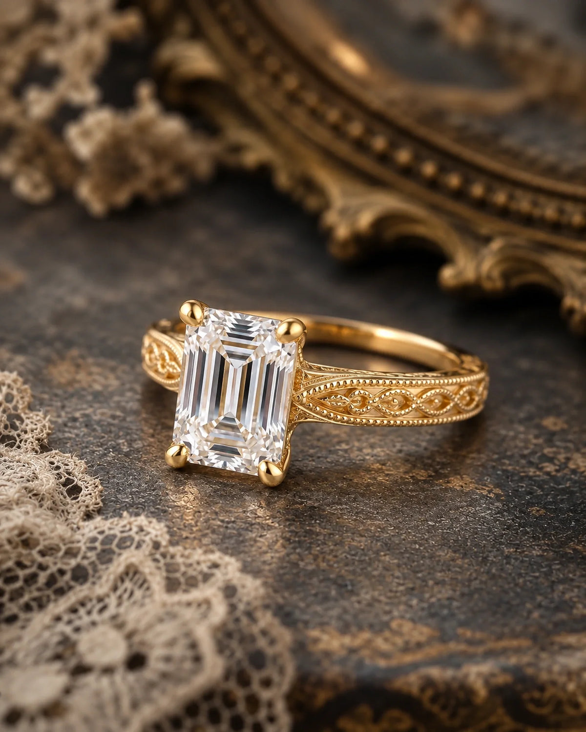Virelle emerald-cut lab diamond solitaire with beaded gold borders and scrolling shoulders placed obliquely on aged stone beside ivory lace and an antique frame
