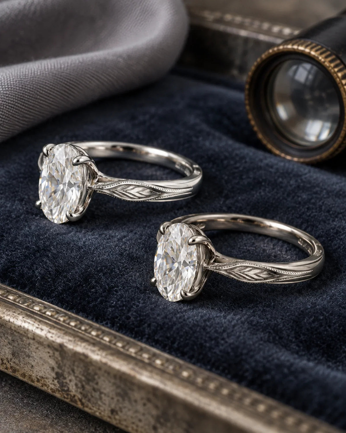 Two oval leaf engagement rings in white gold and platinum arranged at three-quarter angles on dark blue velvet in an antique jewelry tray