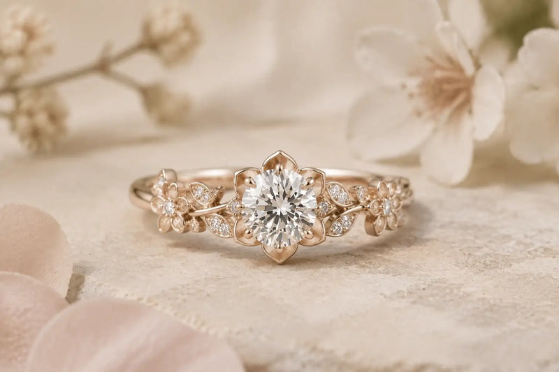 Floral engagement ring with flower and petal inspired gemstone details in handcrafted gold