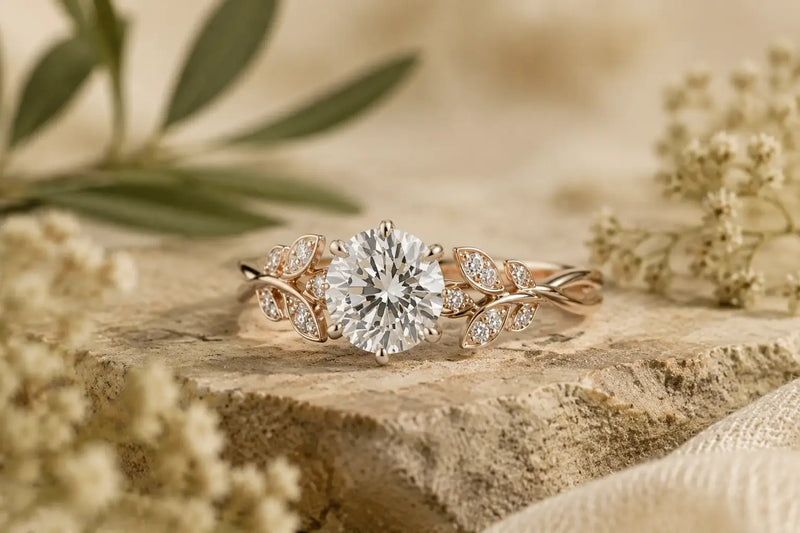 Nature inspired leaf engagement ring with delicate gold leaves and sparkling gemstone accents
