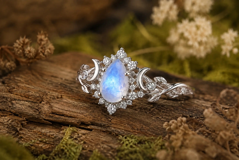 Celestial engagement ring with moon and star inspired details, gemstones and handcrafted gold
