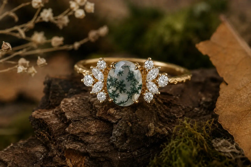Cluster Moss Agate Rings