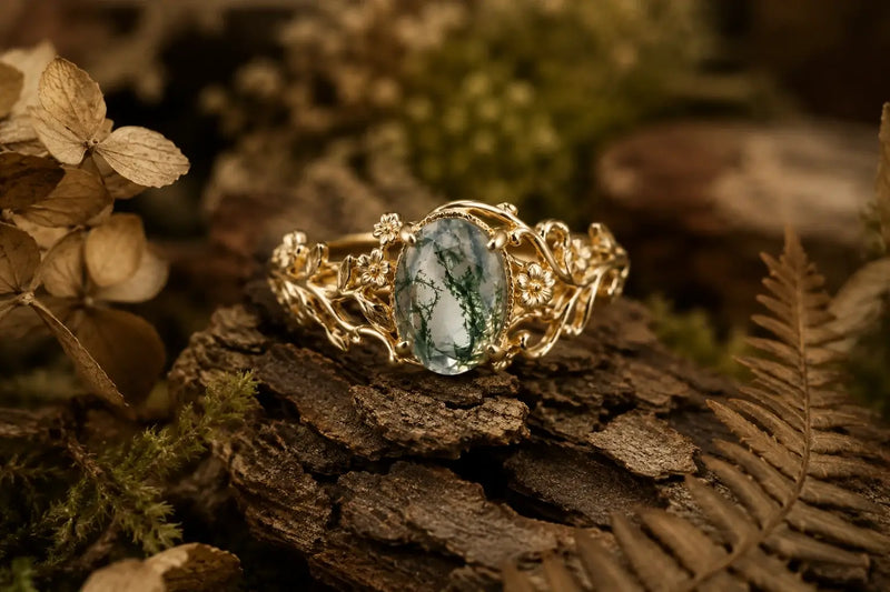 Moss Agate Botanical Engagement Rings
