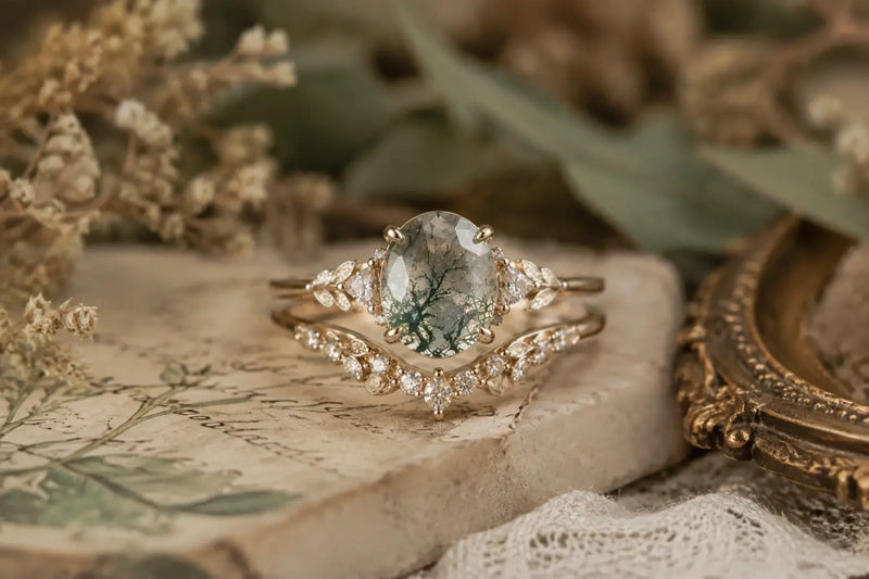 Moss Agate Bridal Ring Sets