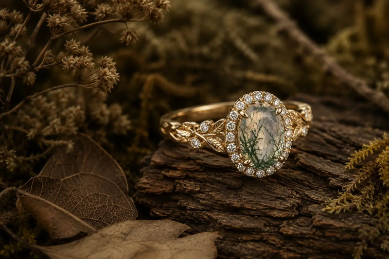 Moss Agate Halo Rings