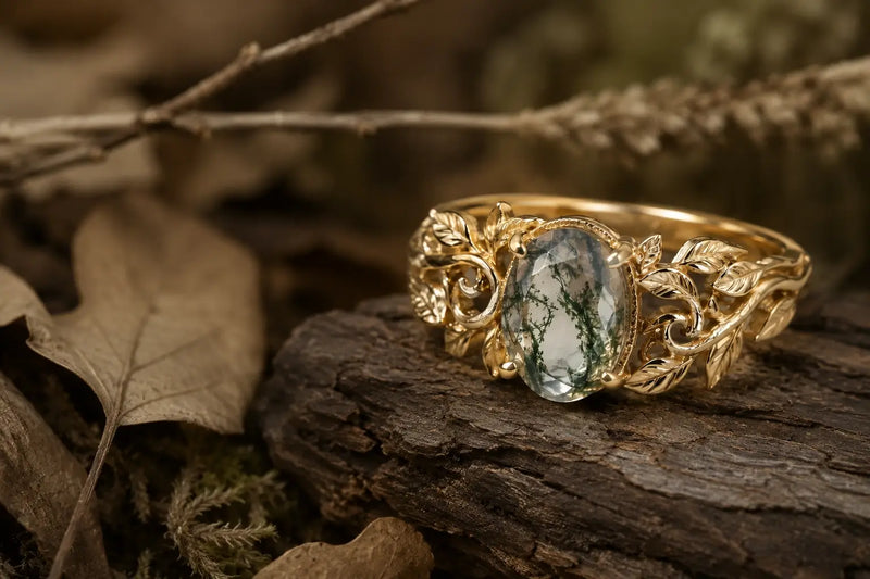 Moss Agate Leaf Rings