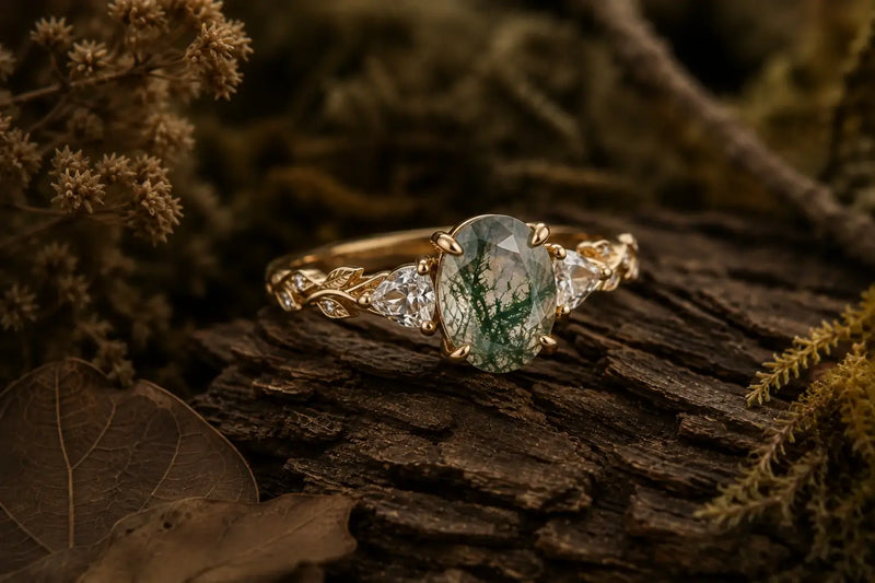 Moss Agate Three Stone Rings