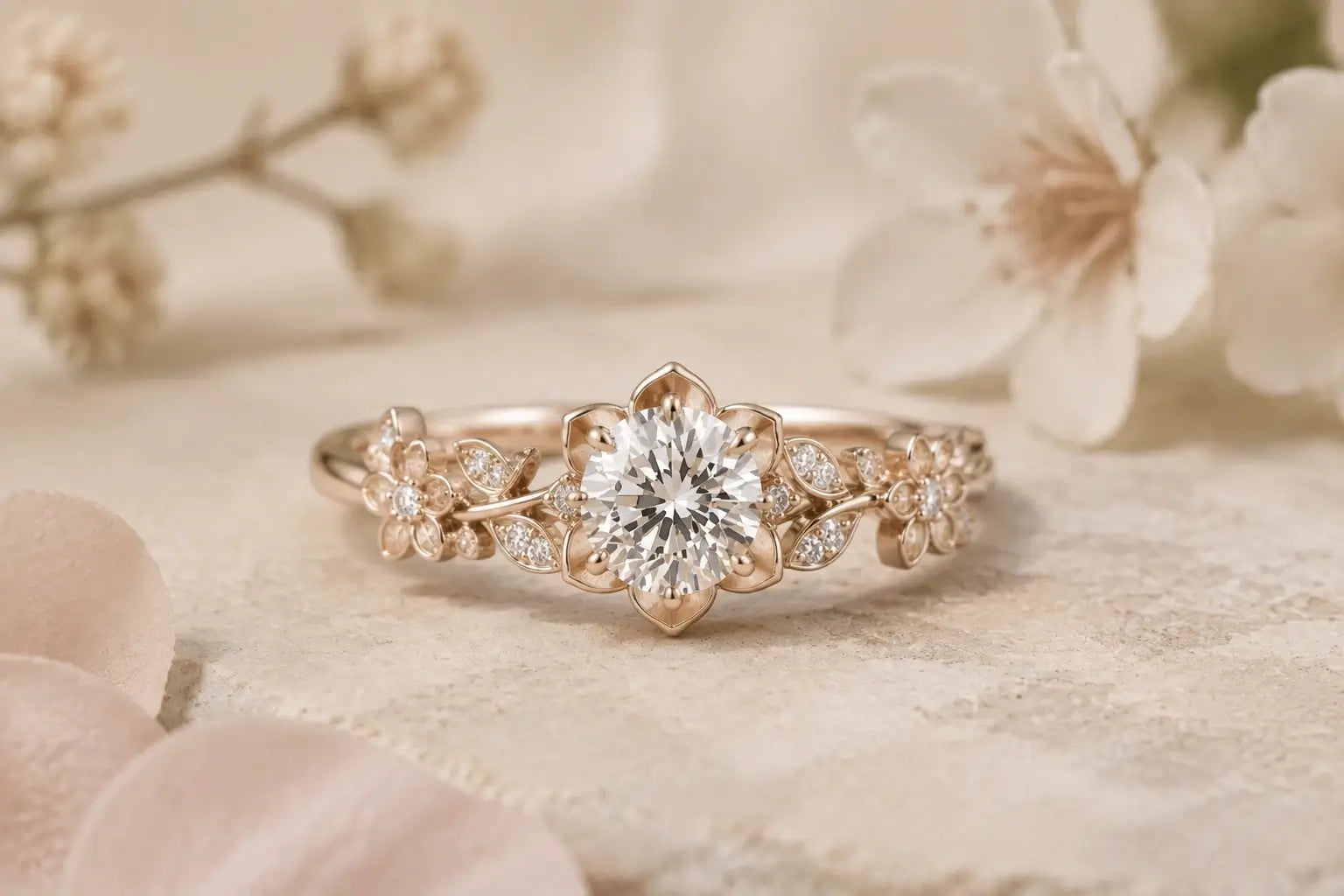 Floral engagement ring with flower and petal inspired gemstone details in handcrafted gold