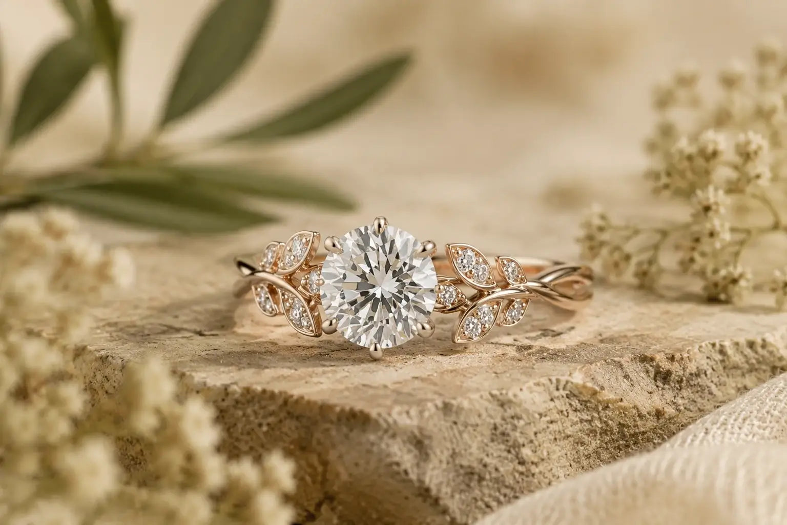 Nature inspired leaf engagement ring with delicate gold leaves and sparkling gemstone accents