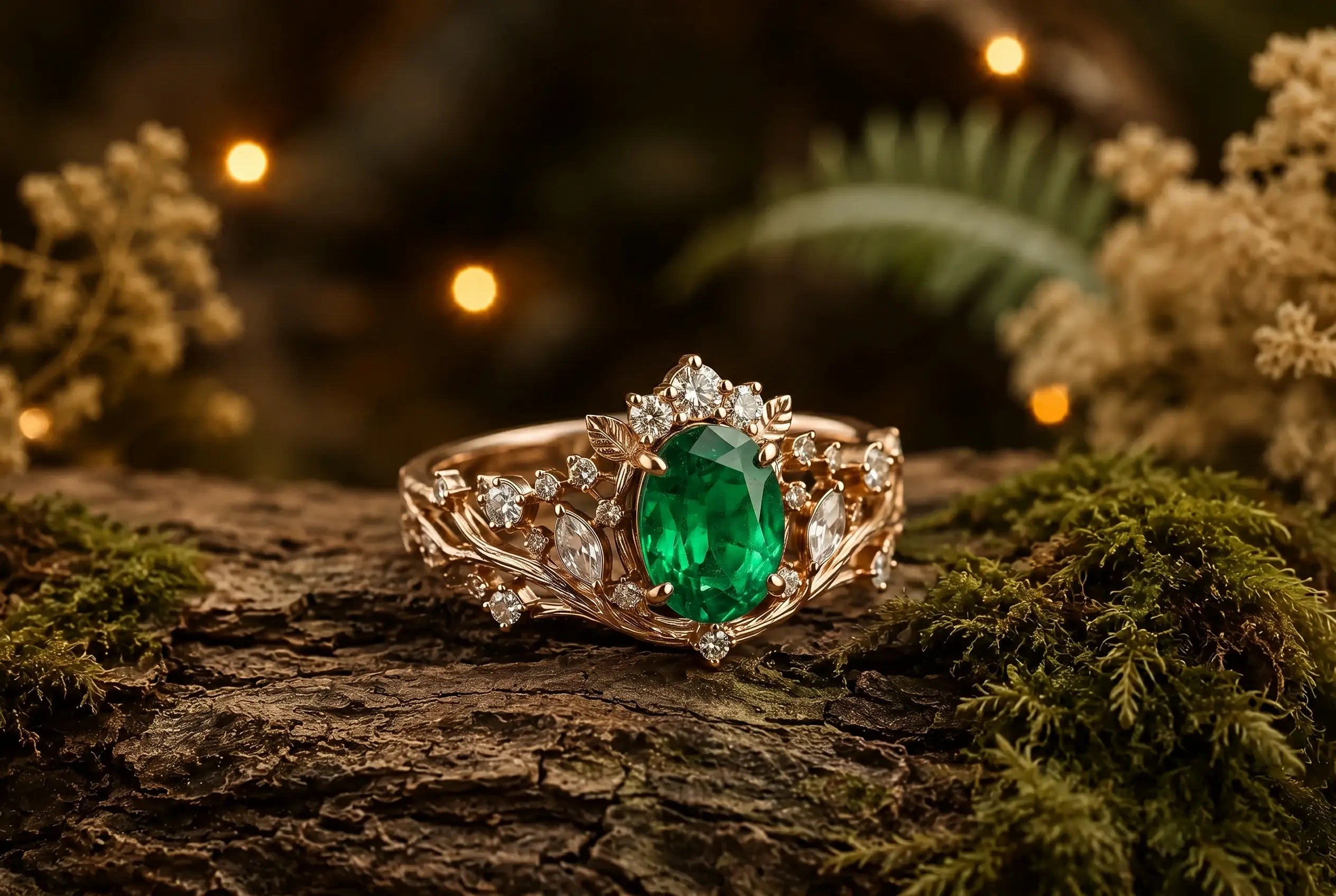 Woodland engagement ring with branch, bark and forest inspired details in sculpted gold