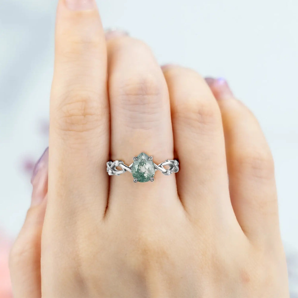 Anillo de compromiso art déco con pera de ágata musgo y hojas de vid, diseño vintage para mujer