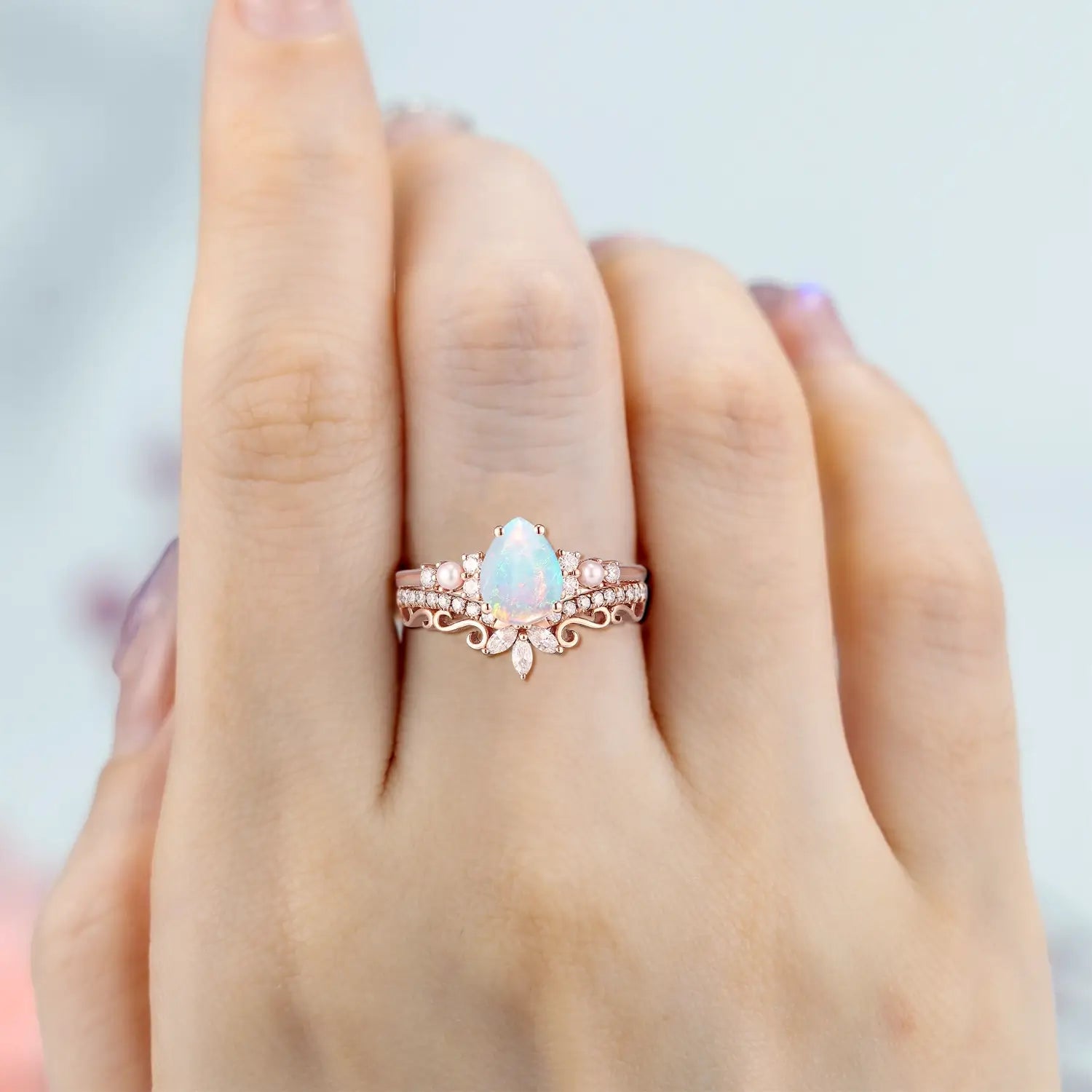Art Deco Pear Natural Opal Engagement Ring Set | Cluster Diamond & Pearl Wedding Rings | Handmade Anniversary Gift for Her