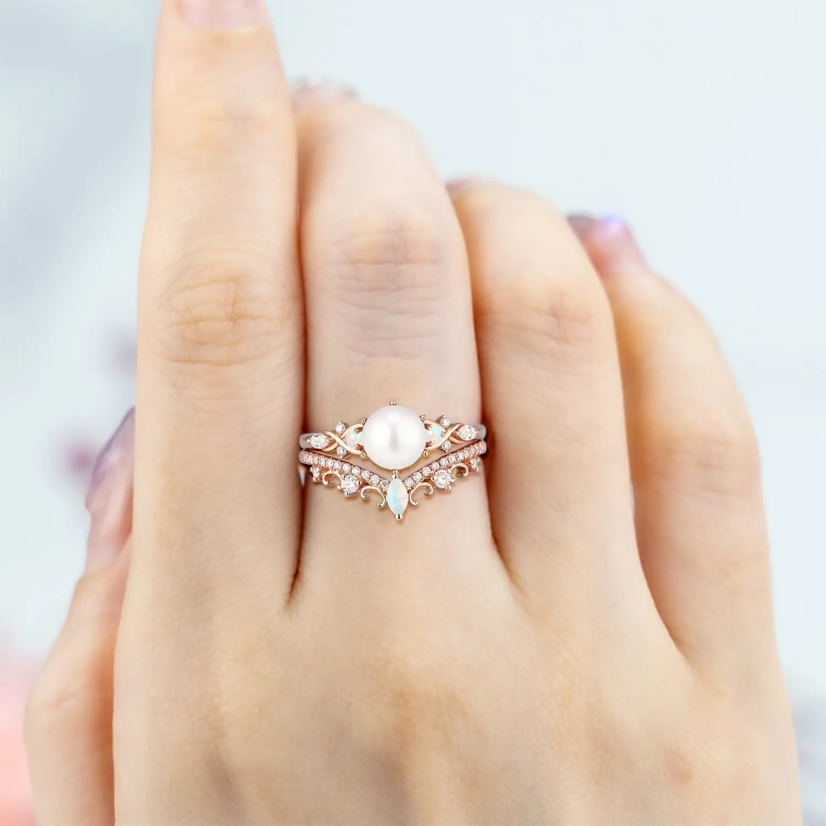 Vintage Pearl Engagement Ring Set with Opal – Art Deco Bridal Ring Set in Gold anniversary gift for women