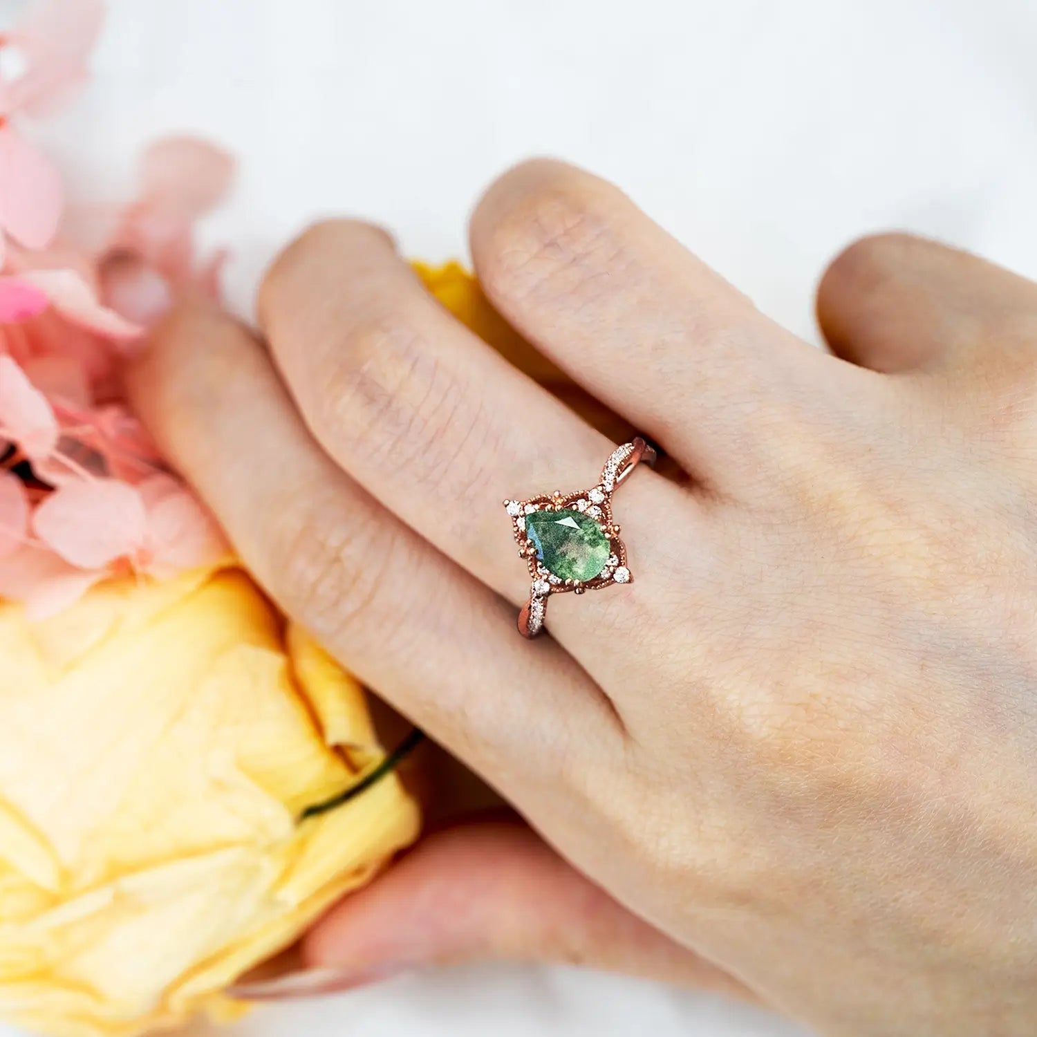 Vintage Moss Agate Engagement Ring – Nature-Inspired Elegance yellow gold ring custom gift