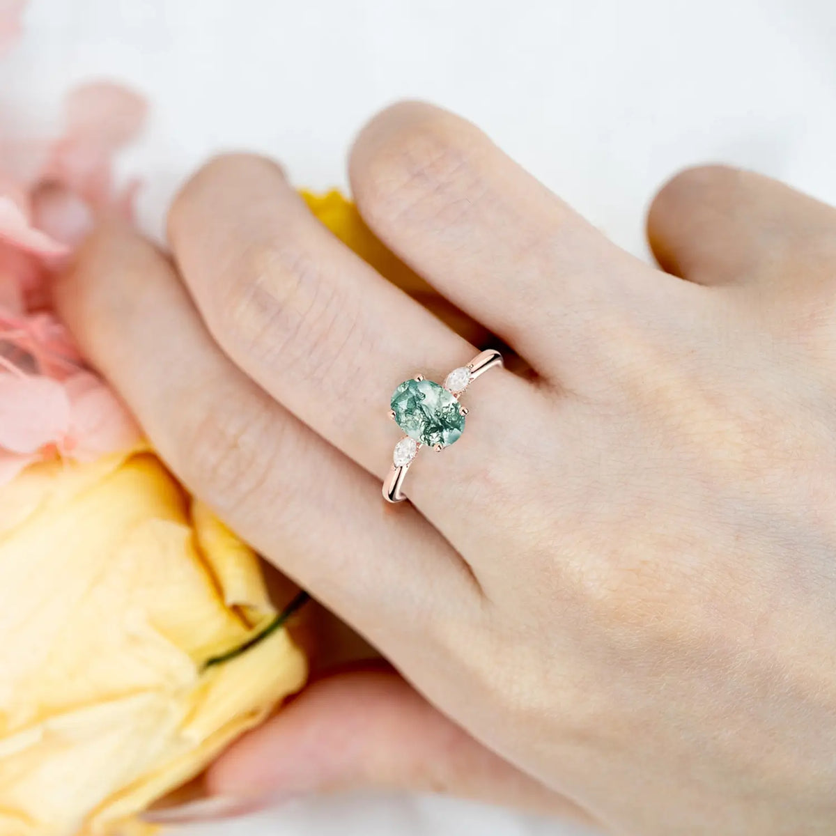 Moss Agate Oval Three Stone Engagement Ring – Hidden Halo Rings