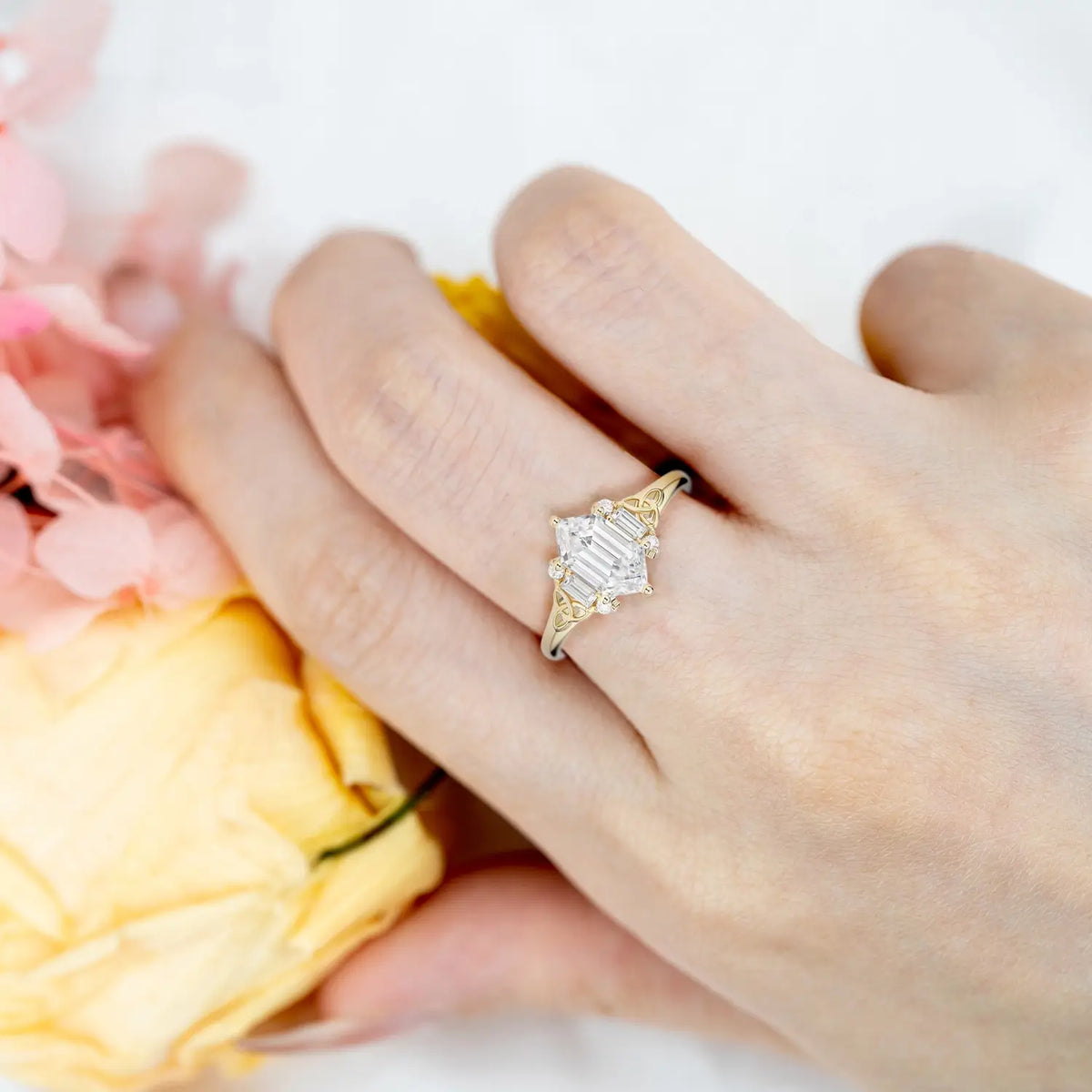 Hexagon Moissanite Floral Gold Engagement Ring | Handmade Jewelry orleone