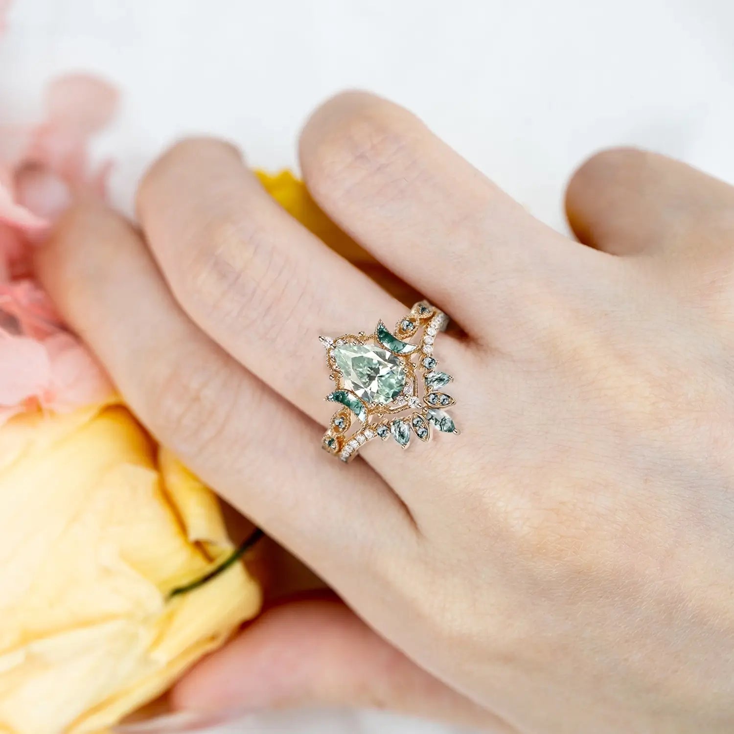 Celestial Bloom – Mint Moissanite Cluster Vintage Moon Engagement Ring Set | orleone custom