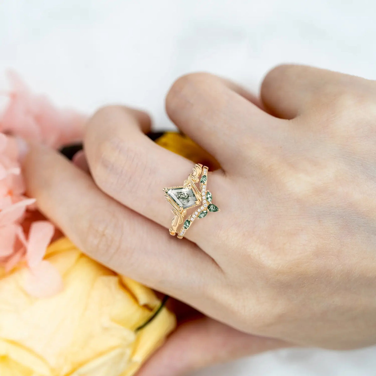 Forest Crown | Moss Agate Kite Leaf Engagement Ring Set – 2pcs Bridal Promise Ring