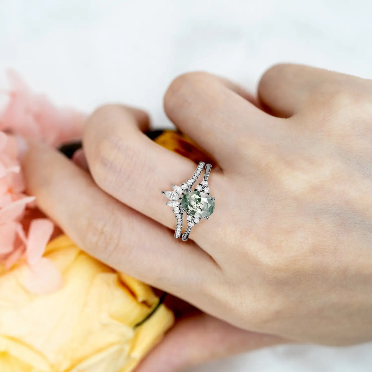 Moss Agate Oval Cluster Bridal Set – Handmade 2pc Moissanite Gold Rings for ladies anniversary gift