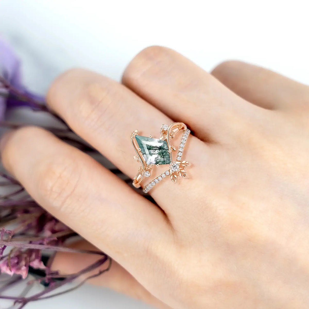 Moss Agate Bridal Sets – 2pcs Rose Gold Luxury Art Leaf Rings | Forest Vow in Bloom orleone yellow gold jewelry for ladies